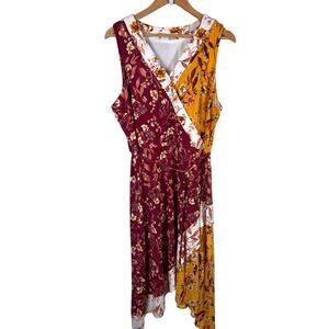 Cato Wrap Maxi Dress Womens Size XL Maroon Floral V-Neck Sleeveless Lined Summer